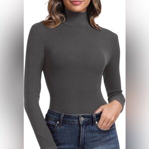 Dark Gray Long Sleeve Turtleneck Ribbed Top